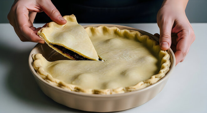 Person taking a slice of uncooked pie from a baking dish