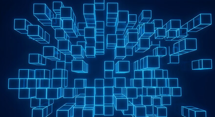 Obraz premium Abstract 3D render of glowing blue cubes arranged in a dynamic, futuristic grid formation against a dark background
