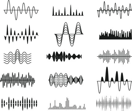 Diverse sound waveforms and audio visualizations: music and sound graphics with sound wave frequency response waveform visualization frequency