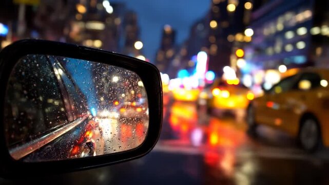 Rainy night city drive view from car side mirror with wet street reflections and urban lights bokeh