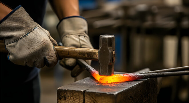 Blacksmith wearing protective gloves hammers a glowing hot piece of metal on an anvil in a workshop