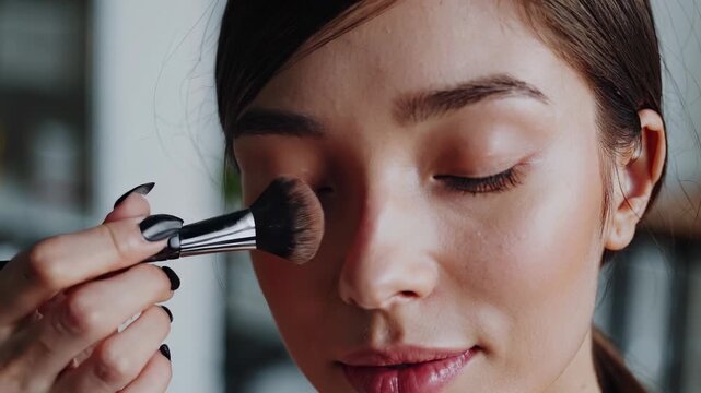 Makeup application process in beauty salon. Professional makeup artist enhances client's features with precision. Bright, elegant atmosphere captures beauty transformation.