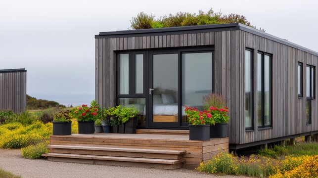 A modern tiny house with large glass doors and windows, surrounded by greenery and colorful potted plants, set in a natural outdoor environment.