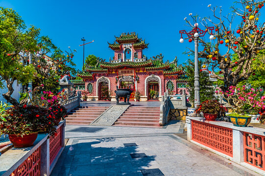 A view of the Fujian Assembly Hall in the old town in Hoi An, Vietnam on a bright sunny day