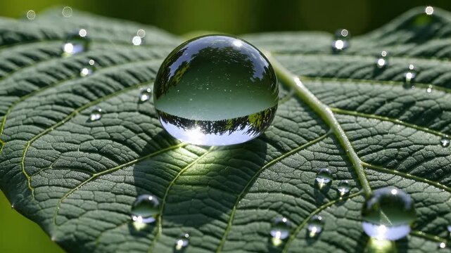 Close-up of water droplets on green leaf. Nature beauty captured in detail. Reflection of trees visible in droplets. Tranquil atmosphere enhances relaxation and mindfulness.