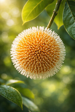 A unique spherical Kadam flower with white and orange petals hangs beautifully.