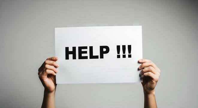 Person holding a white paper sign with the word HELP and three exclamation marks