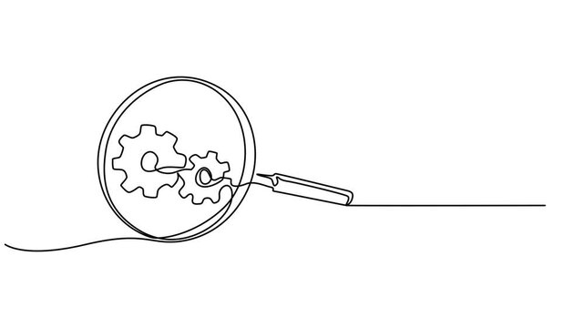 Self drawing line animation Search engine optimization magnifier and gears continuous line drawn concept video, Setup concept, Stock 4k video with research and work. Search for colleagues, Motion pro.