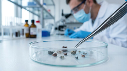 Fototapeta premium Scientist examining mineral samples with tweezers in laboratory setting, wearing protective gloves and mask, focused on research and analysis