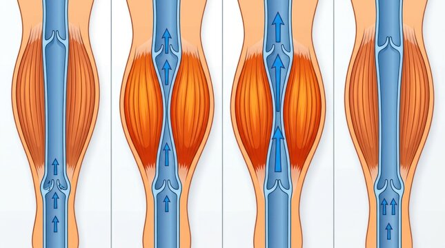 Medical illustration shows the calf muscle pump process in a fair skin adult human leg with blood flow through veins and valves.