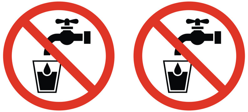 Non potable water do not drink icon collection showing prohibition symbols, unsafe liquid warning, water contamination alert, safety restriction signs