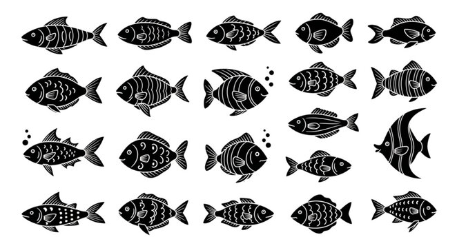 School of Black Fish Silhouettes Swimming.