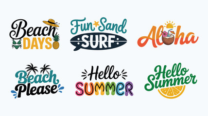 Retro summer beach stickers featuring aloha surfing and tropical fruit illustrations. © AdhirChandra