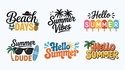 Handwritten summer vibes typography with sunglasses surfboard and colorful popsicle icons. © AdhirChandra