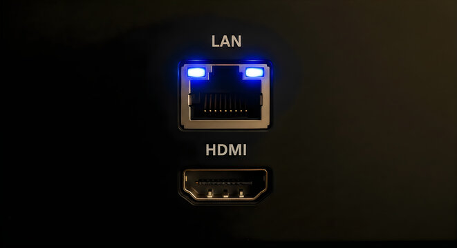 Close-up of LAN and HDMI ports on a black electronic device with blue LED lights