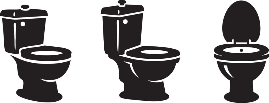 Three black and white silhouettes of toilets in a simple arrangement