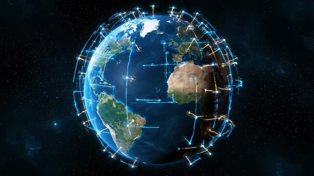 Digital Earth globe surrounded by glowing lines against a starry backdrop