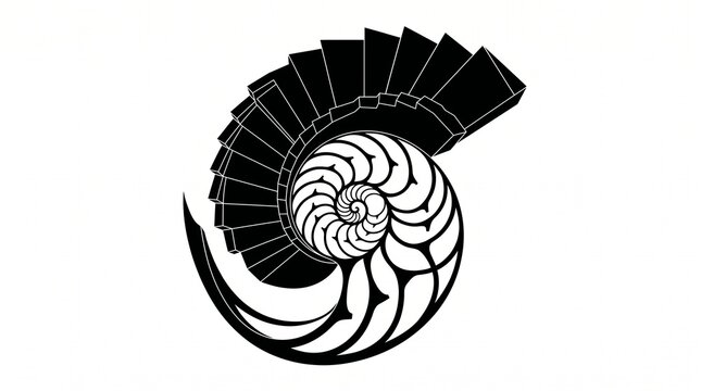 Nautilus shell spiral illustration, a black and white Fibonacci sequence design, elegant golden ratio geometry, perfect for scientific or mathematical concepts.