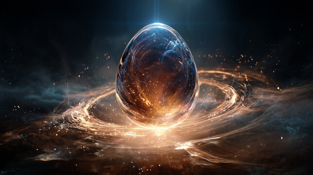 Giant nebula egg cracking open within swirling energy and glowing plasma field in deep space