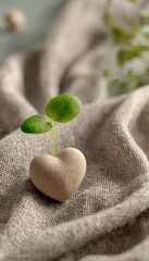 Fototapeta premium Object Only Premium Sprouting Leaf Beside Smooth Heart Bead Soft Woven Fabric