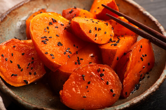 Daigaku Imo Candied Sweet Potatoes on Handmade Ceramic Plate