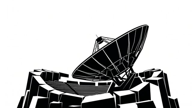 Monochromatic satellite dish illustration, large parabolic antenna, black and white communication technology, modern data transmission equipment, scientific research and broadcasting