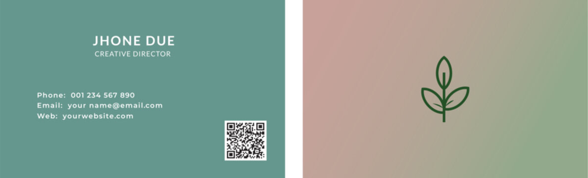 minimal business card design with contact information and leaf graphic teal and peach high quality professional detailed modern elegant stylish