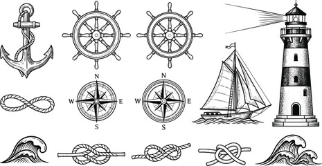 Obraz premium Nautical marine symbol collection with anchor compass lighthouse ship wheel and sailing boat vector