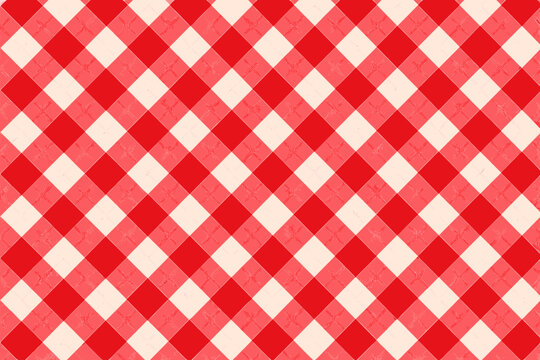 Red and White Diagonal Gingham Seamless Pattern Vector Illustration, Classic Checkered Plaid Background for Picnic Tablecloth, Fabric Textile Design, Scottish Tartan Style Geometric Backdrop