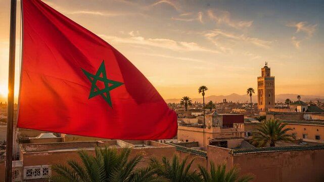 Morocco Flag Waving over Marrakech Skyline at Sunset Glow