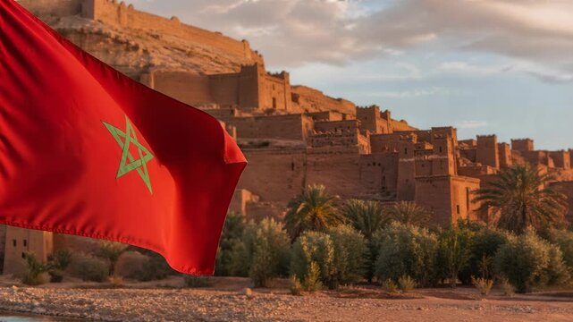 Morocco Flag Waving beside Historic Ait Benhaddou Kasbah