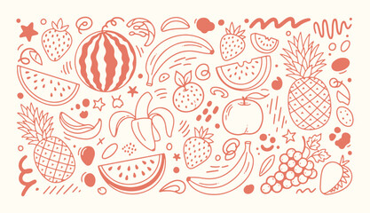 Large collection of whimsical fruit doodles featuring grapes pineapple and watermelon for organic food branding © Arshad