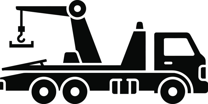 Tow truck silhouette with recovery crane flatbed towing vehicle and roadside assistance vector