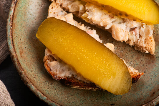 Bread with Lard and Pickled Cucumber on Handmade Ceramic Plate