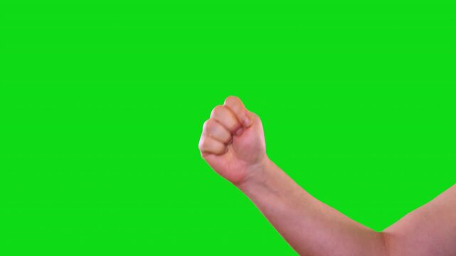Close up hand sign holding squishing a thumb over a green screen