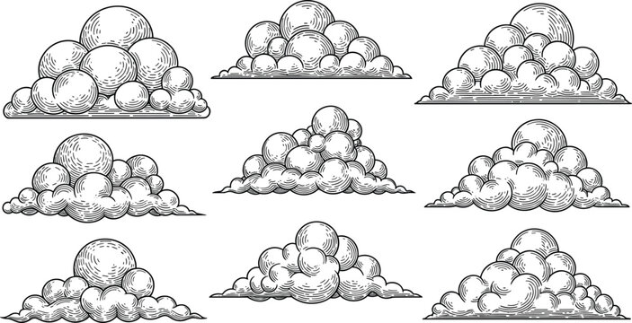 Vintage engraved cloud collection with hand drawn fluffy sky decorative outline vector