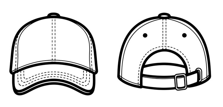 Vector line art of a classic baseball cap with adjustable strap, front and back view.