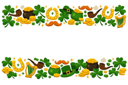St. Patrick's Day Holiday Banner with Shamrock Clover, Leprechaun Hats, Golden Coins in Pots, Horseshoes, Mustaches, Harps, and Smoking Pipes on White Background for Irish Celebration Greeting Card