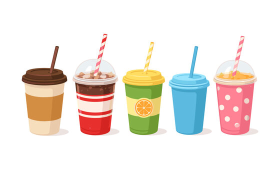 Collection of takeaway drinks in disposable paper and plastic cups with closed lids and straws, including coffee, soda, orange juice, and fruit smoothies, isolated vector illustration set.