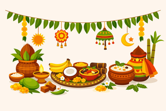 Ugadi Festival Elements Vector Illustration for Telugu and Kannada New Year Celebration Featuring Ugadi Pachadi, Kalash, Mango Leaves Toran, Neem, Jaggery, Coconut, and Traditional Indian Decor