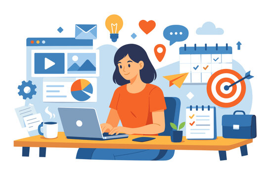 Flat vector illustration of a professional woman working on a laptop at a desk with digital marketing, social media, and business planning icons for productivity and content creation.