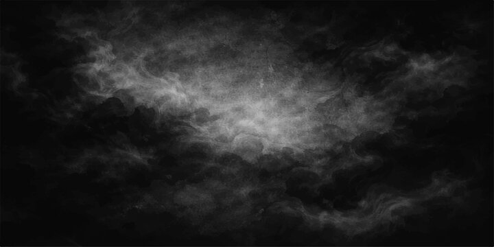 A dramatic black and white smoke texture swirls like a dark storm cloud across a black nature backdrop, evoking a motion-filled cloudscape of fog and explosion in the night sky