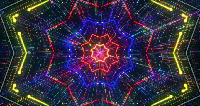 Abstract futuristic neon glowing stars forming geometric kaleidoscopic patterns in dynamic motion background.