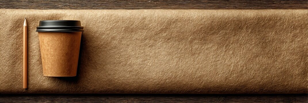 Disposable craft paper coffee cup and wooden pencil arranged on textured brown surface for minimalist office branding mock up and creative workspace planning banner concept