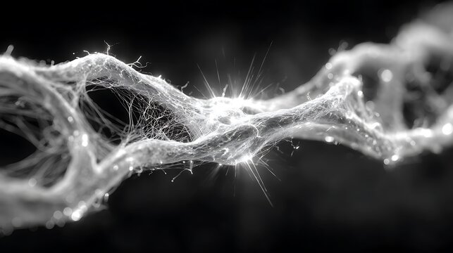 Microscopic fiber structure glowing with electrical impulse and intricate texture representing advanced biotechnology neural connectivity and scientific research in a dark void
