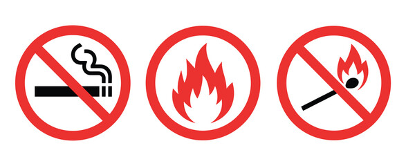 No smoking sign, red prohibition icon representing no smoking, no open fire, no burning, no open flame, safety instruction warning, fire prevention, and hazard restriction signage ©   