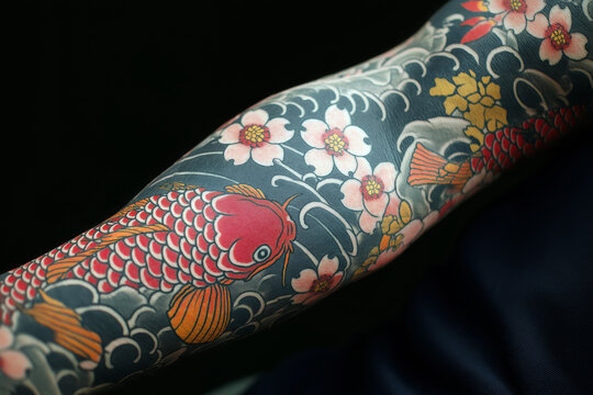 Close-up of a Japanese irezumi sleeve tattoo on a muscular arm, koi fish waves and cherry blossoms, rich saturated colors