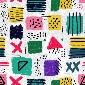 Seamless pattern of retro collage-style hand-drawn geometric texture print on white background