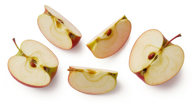 Four fresh red apple slices with seeds arranged on a white background, for food display