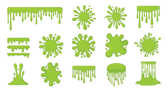 Set of various bright green slime drips and splashes isolated on a plain white background surface